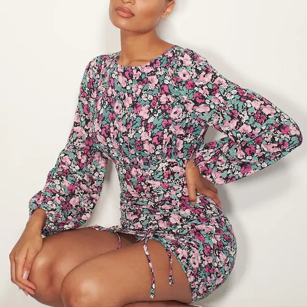 💜Lilac Floral Print Ruched Long Sleeve Bodycon Dr